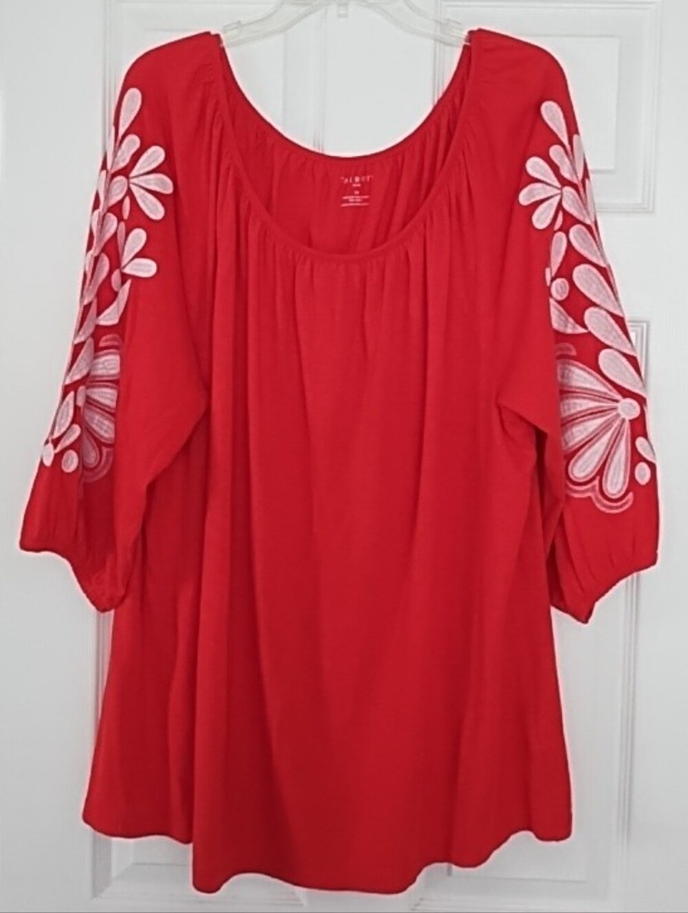 Talbots Blouse Plus Size 2X Red with Embroidered Sleeves 3/4 Balloon Sleeves New